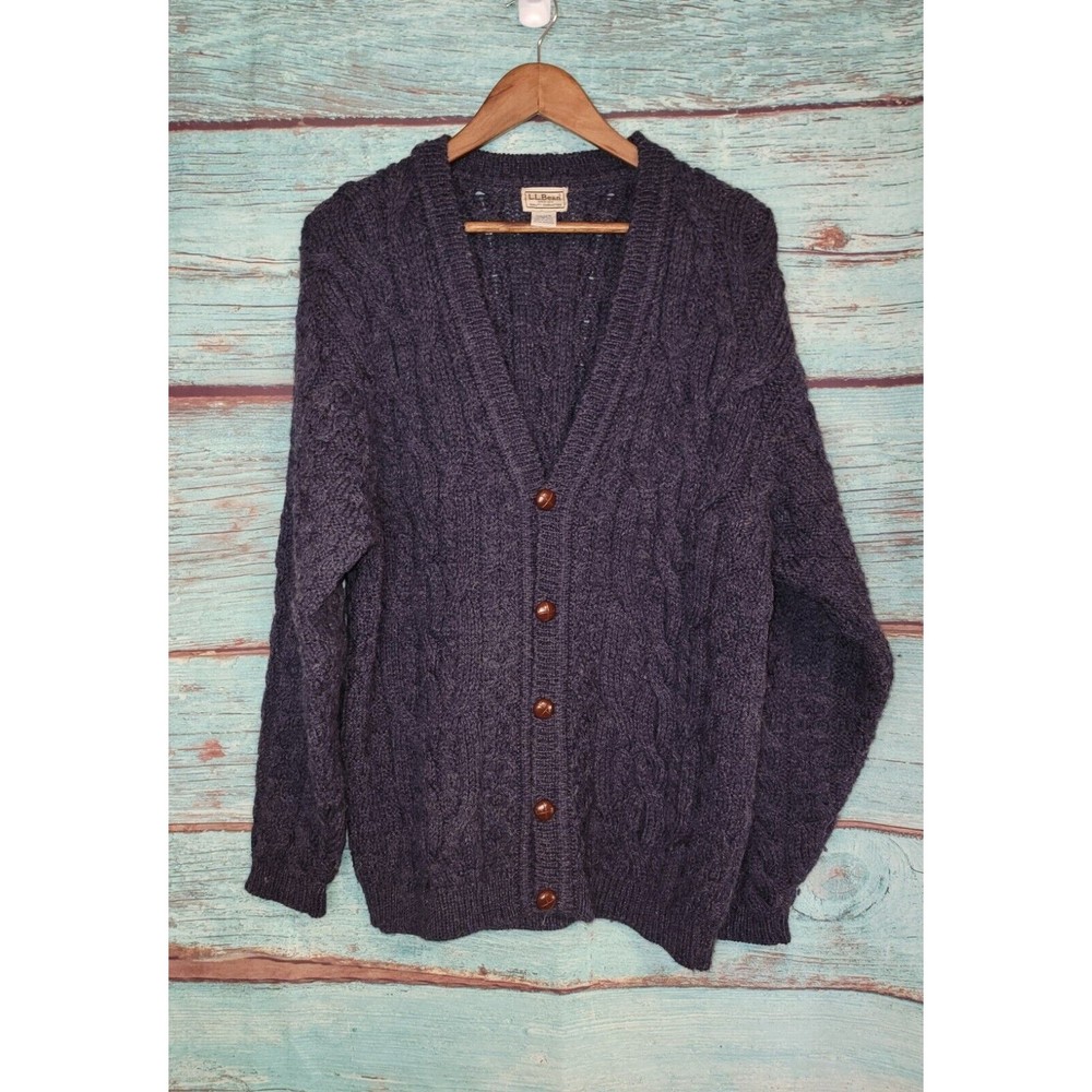 Vintage LL Bean Fisherman Cardigan Cable Knit Sweater 100% Wool Ireland Large